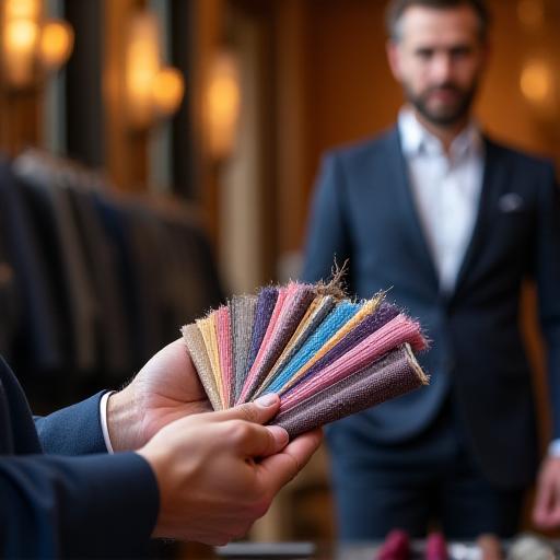 Sarto che confronta campioni di tessuto con un cliente in uno studio elegante